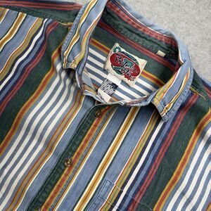 VTG 90s Protest Blues L Striped Multicolor Cotton Short Sleeve Button-Up Shirt